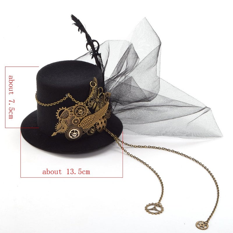 BLESSUME Mini Top Hat Party Hat Dancing Cocktail Feather Veil Hair Clip (Black 1) - Image 2